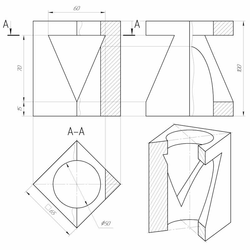 Чертëж для МТУСИ в КОМПАС 3D из курса компьютерной графики по проекционному черчению: простые разрезы и аксонометрия