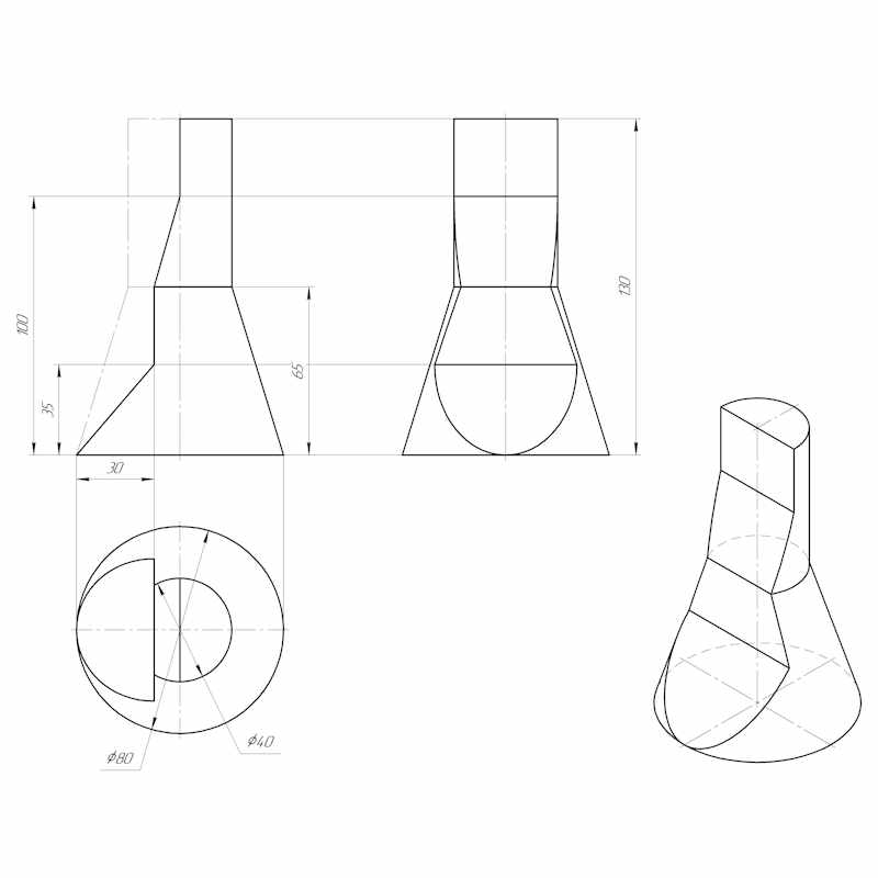 Чертëж для МТУСИ в КОМПАС 3D из курса компьютерной графики по начертательной геометрии: сечение тела вращения